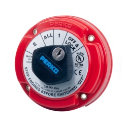 PERKO 8502DP Switch Selector de Bateria Marina PERKO 8502 con Llave / 250A Continuos 360A Intermitentes / 6-32 VCC / Selector 1-2-Both-Off / Bloqueo con Llave / Encendido Protegido