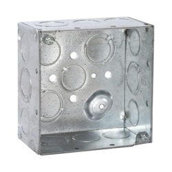RACO HUB-232 Caja Cuadrada Galvanizada de 4" x 4" profundidad de 2 1/8". Cuenta con 10 KO de 1/2" y 6 TKO (1/2" - 3/4"))