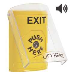 STI SS22A0XT-EN Boton de Salida Texto en Ingles Tapa Protectora de Policarbonato Super Resistente Llave para restablecer Bocina integrada de Advertencia