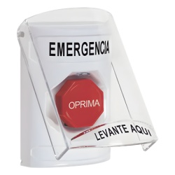 STI SS23A2EM-ES ?Boton Multiproposito Color Blanco De Superficie Con Tapa De Policarbonato Con Bocina Pre Alarma Solo Interior Llave Para Restablecer Texto De Emergencia Espanol