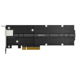 SYNOLOGY E10M20-T1 Adaptador Combinado SSD M.2 y 10 GbE | PCIe 3.0 x8 | 2 Ranuras NVMe M.2 22110/2280 | Puerto 10GBASE-T RJ45 | Autonegociacion 10/5/2 5/1 Gbps | Compatible con SSD NVMe SNV3000.