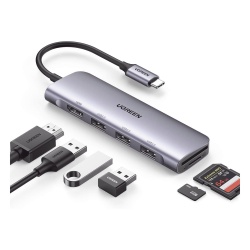 UGREEN 20956A HUB USB-C (Docking Station) 6 en 1 | HDMI 4K@30Hz | 3 Puertos USB 3.0 | Lector Tarjeta SD + Micro SD (TF) Uso Simultaneo | Chip de Ultima Generacion | Potente Disipacion de Calor | Caja