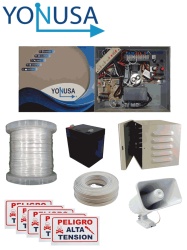 YONUSA YON1250003 YONUSA PACK127AF -Paquete de energizador de alta frecuencia con interface/ Sirena y gabinete metalico/ Bobina de alambre 500 mts/ Bobina cable bujia/ bateria y 5 letrero