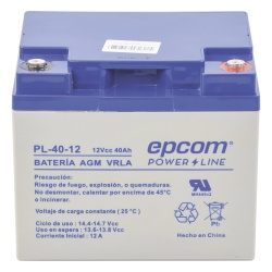 EPCOM POWERLINE PL-40-12 Batería 12 Vcc / 40 Ah / UL / Tecnología AGM-VRLA / Para uso en equipo electrónico Alarmas de intrusión / Incendio/ Control de acceso / Video Vigilancia / Terminales tipo M6 ( HEX ) / Cargador recomendado CHR-250.