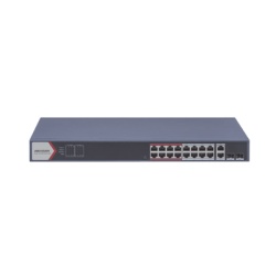 HIKVISION DS-3E1318P-EI Switch PoE+ / Monitoreable / 16 puertos 10/100 Mbps PoE+ / 2 Puertos 1000 Mbps Uplink / 2 Puertos SFP de Uplink / Configuracion Nube Hik-Partner Pro / Modo Extendido hasta 300