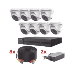 HiLook by HIKVISION HL1080P8E Kit TurboHD / DVR 8 Canales 1080p Lite / 8 Camaras turret 1080p metalicas / 8 cables de 20 metros / 2 fuentes de 4 canales