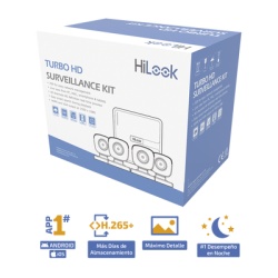 HiLook by HIKVISION KIT7204BM(C) Kit TurboHD 720p / DVR 4 canales / 4 Camaras Bala de Metal / 4 Cables 18 Mts / H.265+ / 1 Fuente de Poder Profesional / Accesorios de Instalacion