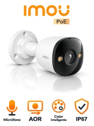 IMOU PS3D -3MP Cámara Bullet, 3MP Lente 2.8mm, PoE, IP67, H.265, Smart Color (Color 24/7), Detección de Humanos y Vehiculos, Microfono, Soporta Micro SD 512GB, AOR MODE, ONVIF.