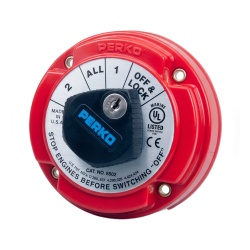 PERKO 8502DP Switch Selector de Bateria Marina PERKO 8502 con Llave / 250A Continuos 360A Intermitentes / 6-32 VCC / Selector 1-2-Both-Off / Bloqueo con Llave / Encendido Protegido