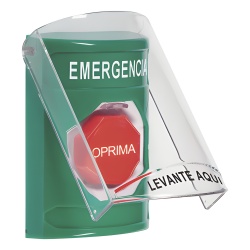 STI SS21A2EM-ES ??Boton Multiproposito Color Verde De Superficie Con Tapa De Policarbonato Con Bocina Pre Alarma Solo Interior Llave Para Restablecer Texto De Emergencia Espanol