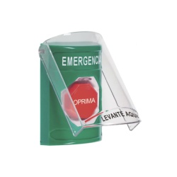 STI SS21A2EM-ES ??Boton Multiproposito Color Verde De Superficie Con Tapa De Policarbonato Con Bocina Pre Alarma Solo Interior Llave Para Restablecer Texto De Emergencia Espanol
