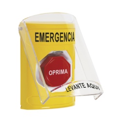 STI SS22A2EM-ES ?Boton Multiproposito Color Amarillo De Superficie Con Tapa De Policarbonato Con Bocina Pre Alarma Solo Interior Llave Para Restablecer Texto De Emergencia Espanol
