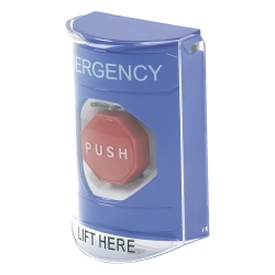 STI SS24A2EM-EN Boton Multiproposito Color Azul De Superficie Con Tapa De Policarbonato Con Bocina Pre Alarma Para Interior Llave Para Restablecer Texto De Emergencia Ingles - Img 3