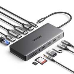 UGREEN 15978 Docking Station USB-C 12 en 1 / 2 HDMI 4K@60Hz + DisplayPort 4K@60Hz / 6 Puertos USB (3.2 y 3.0) / Gigabit Ethernet / Lector SD/TF / Audio 3.5mm / PD 100W / Compatibilidad Multiplataforma