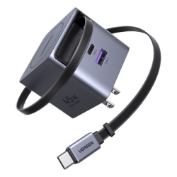 UGREEN 65821 Cargador Rapido UGREEN 45W GaN / Cable Retractil 0.7m / 3 Puertos USB-C + USB-A / Tecnologia GaNInfinity 95% Eficiencia / 8 Capas Proteccion / Carga Simultanea 3 Dispositivos / Compacto p