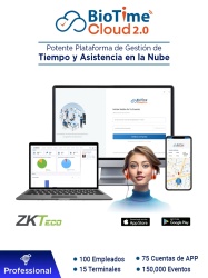 ZKTECO ZKT0820148 ZKTECO BIOTIMECLOUDPROFESSIONAL - Licencia de Asistencia en la Nube para 100 Empleados 15 Terminales 150 000 Eventos y 75 Cuentas de App Suscripcion por un Ano