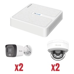 HiLook by HIKVISION KIP2MP/2B2D Kit IP 1080p (2 Megapixel) / NVR de 4 Canales con 4 Puertos PoE / 2 Camaras IP Bala para Exterior con microfono y Dual light / 2 Camaras IP Domo para Exterior