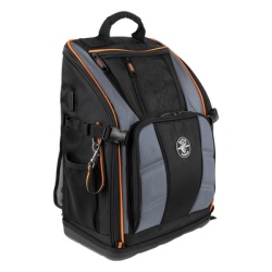 KLEIN TOOLS 62482 Mochila Profesional para Herramientas / 27 Bolsillos / Acceso Rapido y Estacion de Trabajo / Base Moldeada Ancha / Interior Naranja / USB-C / Soporte para Lampara