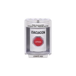 STI SS2382EV-ES Boton de Evacuacion Cubierta de Policarbonato Super Resistente de Superficie con Espaciador Restablecimiento con Llave Con Bocina de Advertencia
