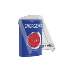 STI SS24A2EM-EN Boton Multiproposito Color Azul De Superficie Con Tapa De Policarbonato Con Bocina Pre Alarma Para Interior Llave Para Restablecer Texto De Emergencia Ingles