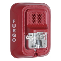 SYSTEM SENSOR P2RL-SP Sirena con lampara estroboscopica de 2 hilos para pared color rojo leyenda FUEGO candela seleccionable en campo