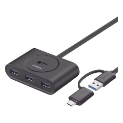 UGREEN 40850 HUB USB-A y C 3.0 4 en 1 | Con Conector USB-C y USB-A | 4 Puertos USB-A 3.0 (5Gbps) | Cable de 25cm | Indicador Led | Ideal para Transferencia de Datos | Entrada Micro USB para alimentar