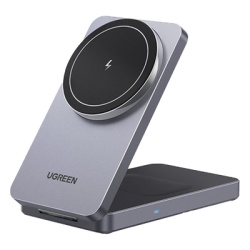 UGREEN 45056 Cargador Inalambrico 2 en 1 20W / Tecnologia Qi2 15W Certificada / Carga Simultanea iPhone y AirPods / Angulo Ajustable 70Â° / Diseno Plegable y Portatil / Compatibilidad Universal