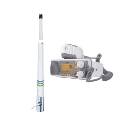 UNIDEN UM385/5101 Kit de radio movil VHF marino modelo UM-385 color blanco y antena marina Shakespeare de fibra de vidrio 5101