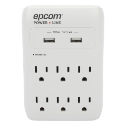EPCOM POWERLINE EPLSPWUSB Multicontacto de Pared / Supresor de Picos 1080 J / 6 x NEMA 5-15R / 2 x USB 5V@3.4A / 1800W / 15A / Filtro EMI/RFI 40dB