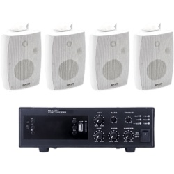 EPCOM PROAUDIO EPB120E/4WSW Kit de Amplificador de 120W para Escritorio / 4 Altavoces de Pared 2.5W - 20W / Sistema 70/100V / Bluetooth / USB / FM / XLR con Phantom 48V