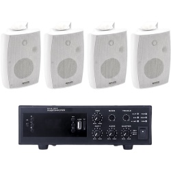EPCOM PROAUDIO EPB120E/4WSW Kit de Amplificador de 120W para Escritorio / 4 Altavoces de Pared 2.5W - 20W / Sistema 70/100V / Bluetooth / USB / FM / XLR con Phantom 48V