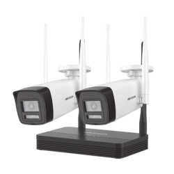 HIKVISION NKS424W0H Kit IP Inalambrico 4 Megapixel / NVS 4 Canales / 2 Camaras Bala para Exterior con Lente 2.8 mm y Dual Light (30 mts IR + 30 mts Luz Blanca) / Audio Bidireccional (Microfono y Bocin
