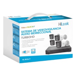 HiLook by HIKVISION HL3KDL/T [Dual Light] Kit TurboHD 3K (5 Megapixel Lite) / DVR 4 Canales / 4 Camaras bala Dual Light / Audio bidireccional / Accesorios de Interconexion / Fuente de Poder