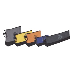 KLEIN TOOLS 55569 KIT 5 Bolsos Ultra Resistentes para Herramientas con Base y cierre Zipper Colores: gris claro amarillo naranja azul gris oscuro. Todos con Mosquetones de Aluminio.