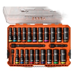 KLEIN TOOLS 65121-IMPCT Juego de Dados de Impacto KNECT? (M) / 3/8" Drive Profundo / SAE y Metrico / 23 Piezas / Adapters Multi-Proposito / MODbox? Case