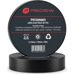 PRECISION PST-C050-03 Cinta de Aislar de Vinilo PVC / Uso General / Espesor 0.13 mm / Ancho 19 mm / 20 m de Largo / Color Negro