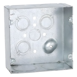 RACO HUB-259 Caja Cuadrada 4 11/16 x 4 11/16"/ Profundidad 2- 1/8"/ Cuenta con 6 Entrada de 1 1/4"/ 1 Entrada de 1/2" / 3 TKO (1/2"-3/4").