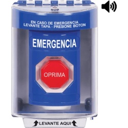 STI SS2482EM-ES ?Boton Multiproposito Color Azul De Superficie con Espaciador C/Tapa De Policarbonato C/Bocina Pre Alarma Interior/Exterior Llave Para Restablecer Texto De Emergencia Espanol