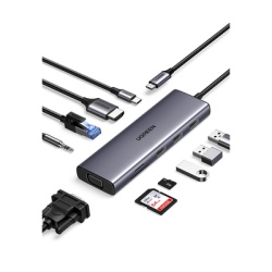 UGREEN 15601 Hub USB-C 10 en 1 / HDMI 4K@30Hz + VGA 1920x1200 / 3x USB 3.0 5Gbps / Ethernet Gigabit / SD/TF Card Reader / PD 100W / Audio 3.5mm / Doble Pantalla Simultanea / Plug & Play Universal