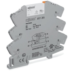 WAGO 857-304 Modulo con Rele / 24 VCC / 1 Inversor / 6 A Corriente Permanente / Push-in CAGE CLAMPÂ® / IP20 / Aislamiento Reforzado / LED Indicador Amarillo