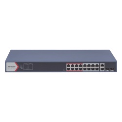 HIKVISION DS-3E1318P-EI(B) Switch PoE+ / 16 Puertos 10/100 Mbps / 2 Puertos Gigabit Uplink / 2 Puertos SFP / Alcance Extendido 300 m (984.2 ft) / 230 W / Gestión Cloud