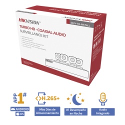 HIKVISION HIK5MPSLQ-KIT(B) (MICROFONO INTEGRADO) KIT TURBOHD 5 Megapixel / DVR 4 Canales / 4 Camaras Bala con Microfono Integrado (exterior 2.8 mm) / Fuente de Poder / Accesorios de Instalacion