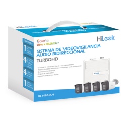 HiLook by HIKVISION HL-1080-DL/T Kit TurboHD 1080p / DVR 4 canales / 4 Camaras Bala de Metal / Audio Bidireccional / Dual Light (IR + Luz Blanca) / H.265+ / 1 Fuente de Poder Profesional / Accesorios