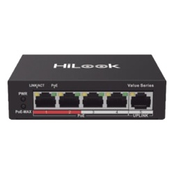HiLook by HIKVISION NS-0105P-35(B) Switch PoE+ / 4 Puertos 10/100 Mbps PoE+ (af / at) / 1 Puerto 10/100 Mbps Uplink / Modo Extendido hasta 250 Metros / 35 Watts