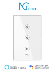 NGTECO NGS103 - Apagador Inteligente WiFi 3 Botones Touch / Control Remoto vía App / Control por Voz / Temporizador / Panel Táctil de Alta Sensibilidad / WiFI 2.4 GHz / Se requiere Cable Neutro / Compatible con Alexa y Asistente de Google