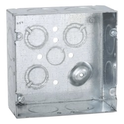 RACO HUB-258 Caja Cuadrada 4 11/16 x 4 11/16"/ Profundidad 2- 1/8"/ Cuenta con 1 Entrada de 1/2" 8 de 1" y 3 TKO (1/2"-3/4").
