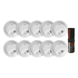 SDI 1046832KSABRE Kit de 10 Detectores de Humo Autonomos FIRST ALERT por Ionizacion / Alarma 85 dB / Boton Prueba y Silencio / Probador SABRE SDI