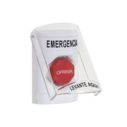 STI SS23A2EM-ES ?Boton Multiproposito Color Blanco De Superficie Con Tapa De Policarbonato Con Bocina Pre Alarma Solo Interior Llave Para Restablecer Texto De Emergencia Espanol