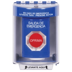 STI SS2471EX-ES Boton Multiproposito Color Azul De Superficie Con Tapa De Policarbonato Sin Bocina Para Interior/Exterior Llave Para Restablecer Texto Salida De Emergencia Espanol
