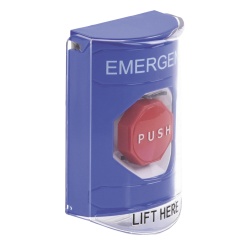 STI SS24A2EM-EN Boton Multiproposito Color Azul De Superficie Con Tapa De Policarbonato Con Bocina Pre Alarma Para Interior Llave Para Restablecer Texto De Emergencia Ingles - Img 4